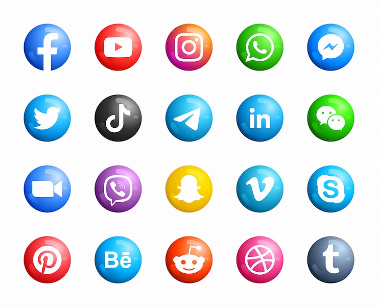 Vector social media round modern 3d icons set