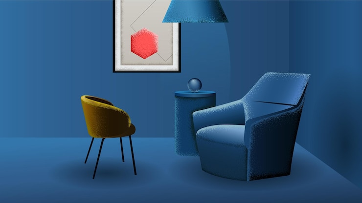 sofa and chair on blue wall background Modern interior design Grain Effect vector illustration