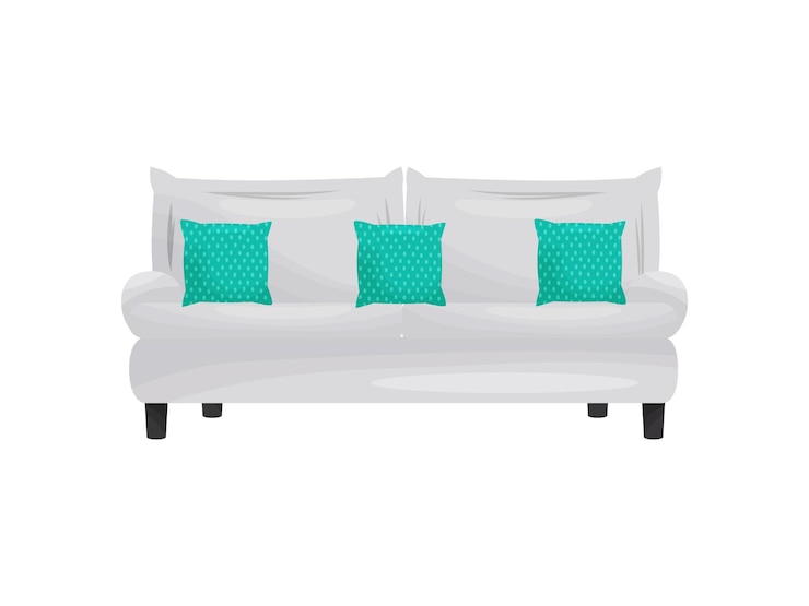 Vector sofa with green pillows on white background decor element for living room interior object in apartment house concept vector flat illustration