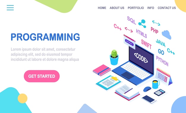 Software development, programming language, coding.  isometric laptop, computer with digital application  on white background.  