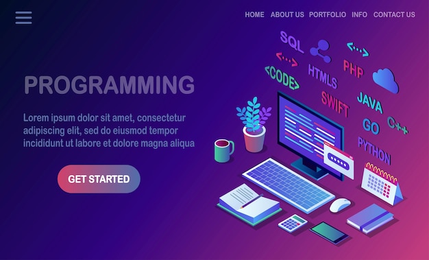 Software development, programming language, coding.  isometric pc, computer with digital application  on white background.  