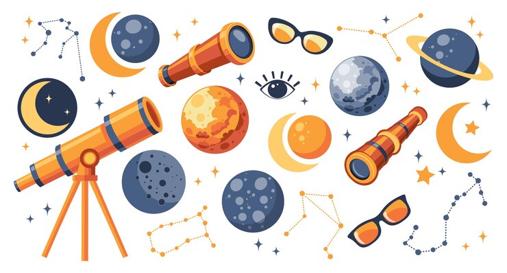 Vector solar eclipse set telescope spyglass planets solar eclipse moon glasses cute illustration
