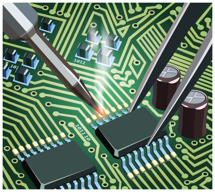 Vector soldering computer chip on the board close up