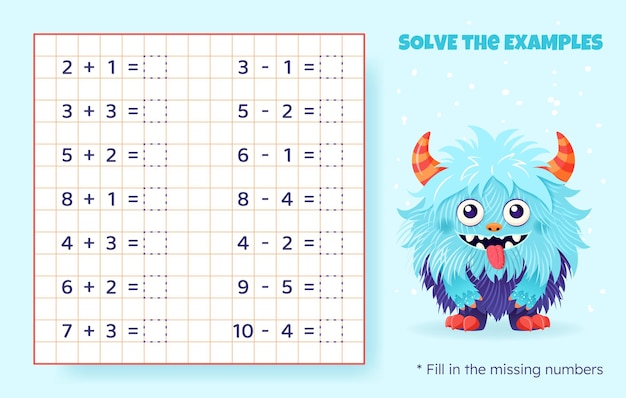 Solve the examples Addition and subtraction up to 10 Mathematical puzzle game Worksheet for kids