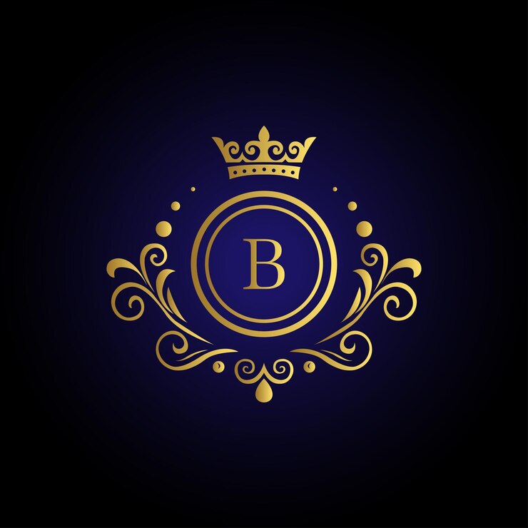 Sophisticated letter B logo with golden crown swirls and blue background