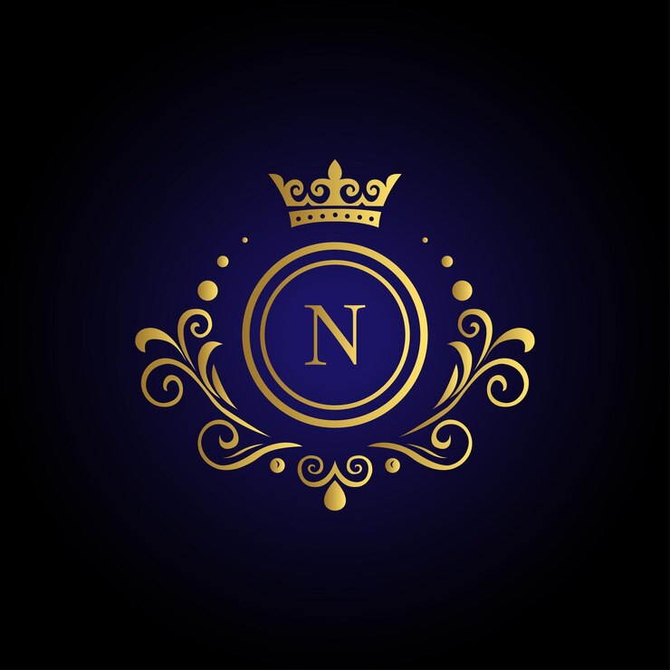 Sophisticated letter N logo with golden crown swirls and blue background