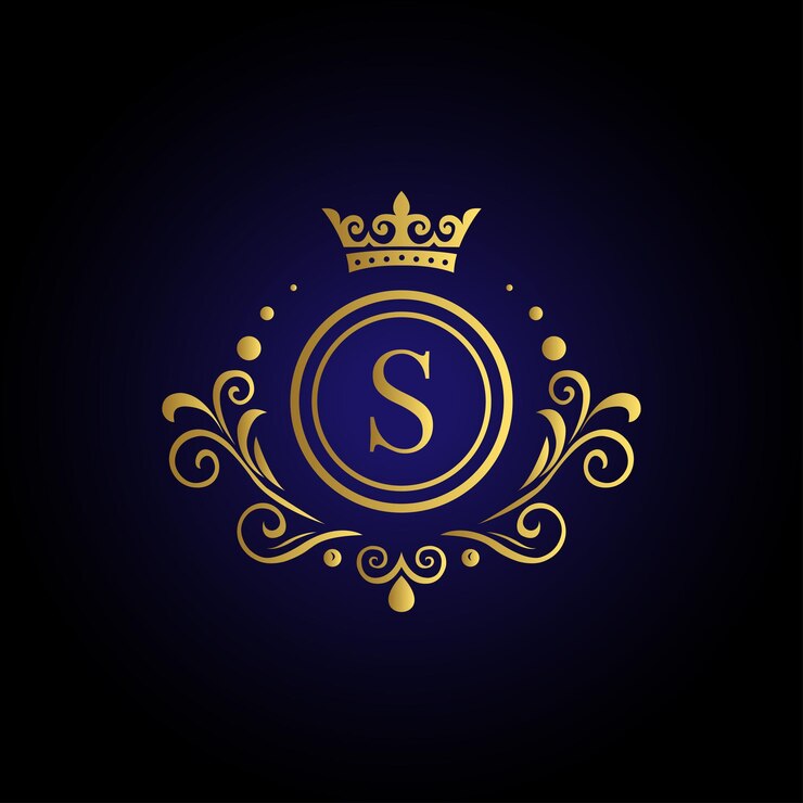Sophisticated letter S logo with golden crown swirls and blue background
