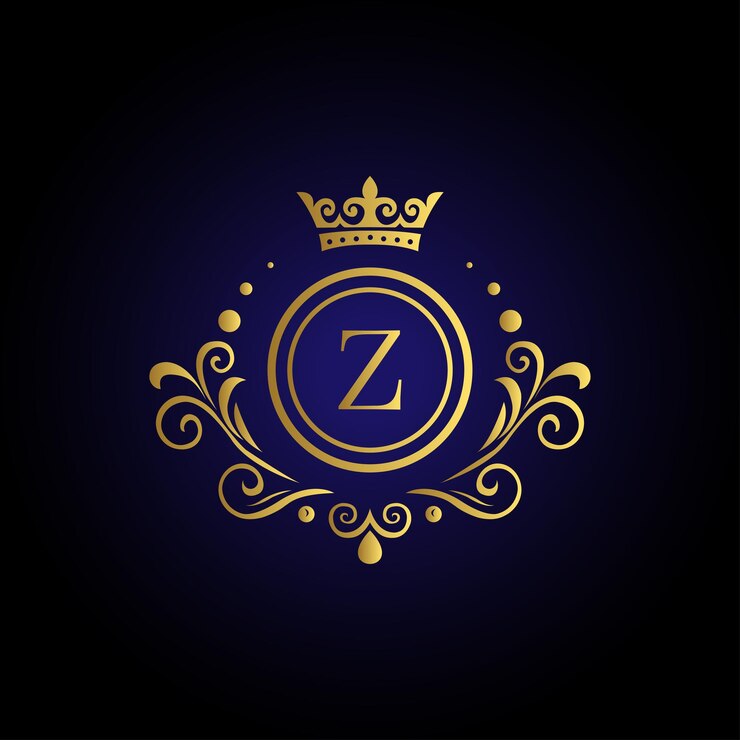 Sophisticated letter Z logo with golden crown swirls and blue background