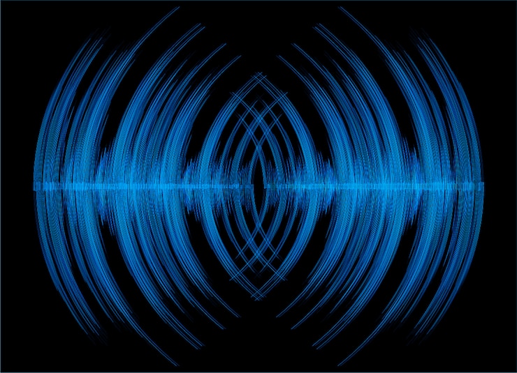 Vector sound waves oscillating dark black light background
