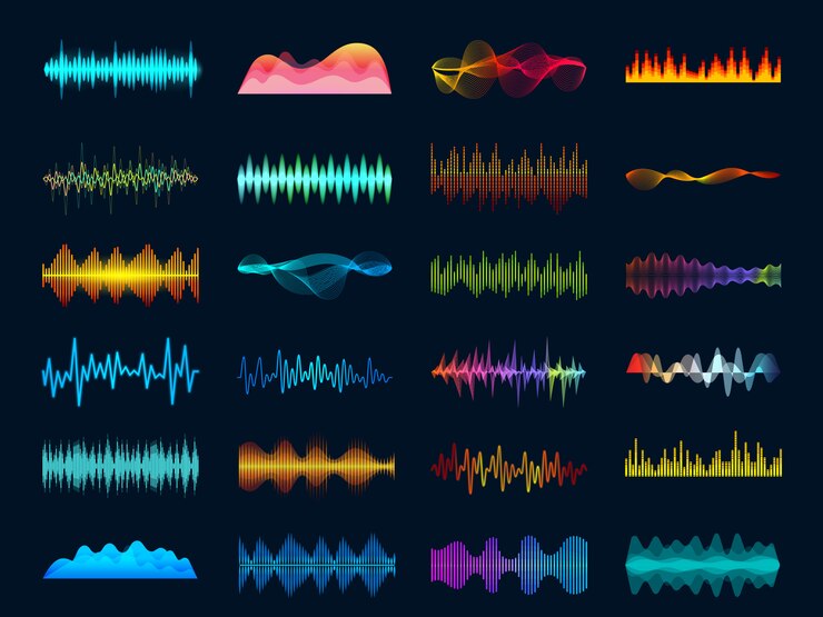 Vector soundtrack signal spectrum and studio melody beat vector frequency meter concept on dark background