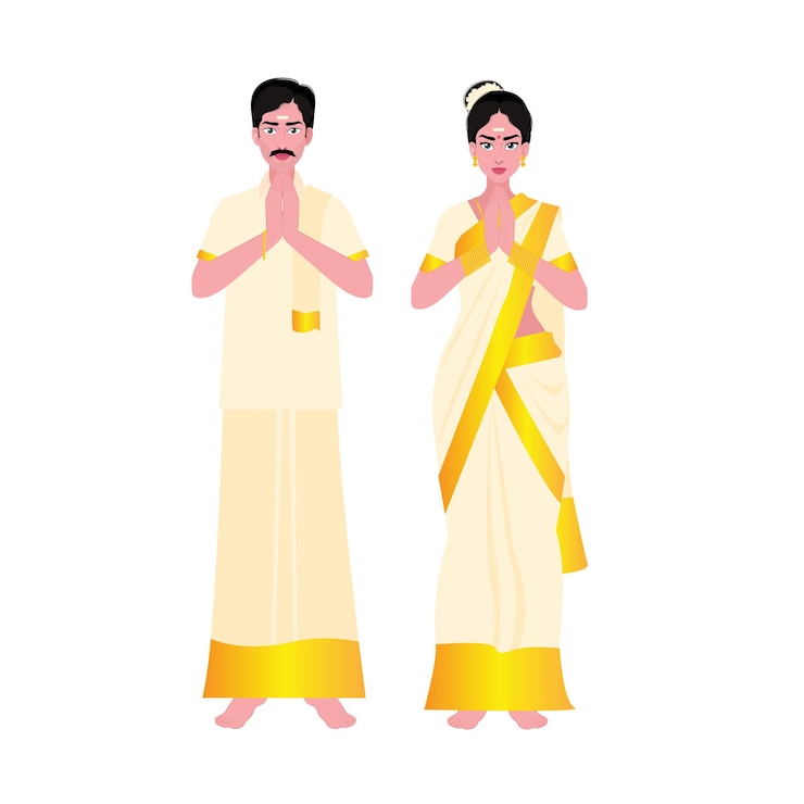 Vector south indian malayali couple in traditional dress greeting namaste