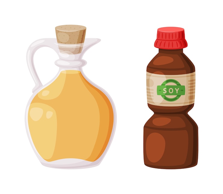 Vector soy oil in corked jar and bottle of sauce as natural and organic product from soybean plant vector set