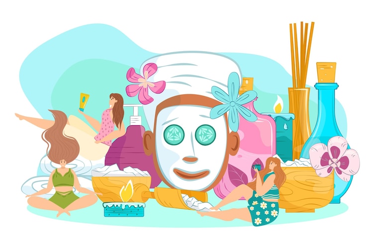 Vector spa care and beauty therapy vector illustration woman female health treatment clean face and body