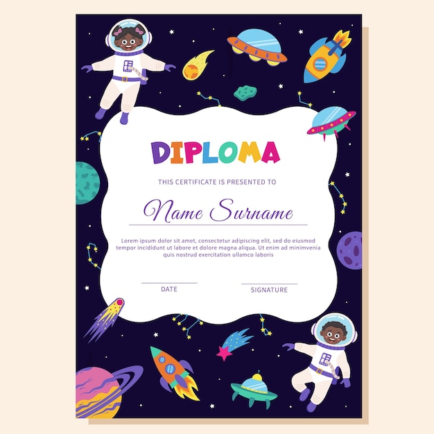 Space diploma certificate with space elements and children astronauts