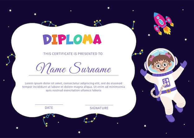 Space diploma certificate with space elements and girl astronaut