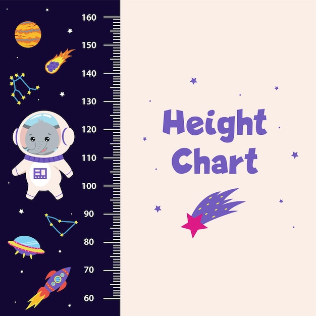 Space height chart for children with space elements and animal astronaut elephant