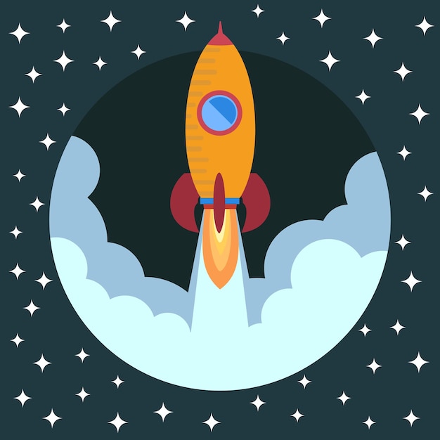 space rocket ship in round piece. space rocket launch. project startup and development process concept. the rocket flies upwards.