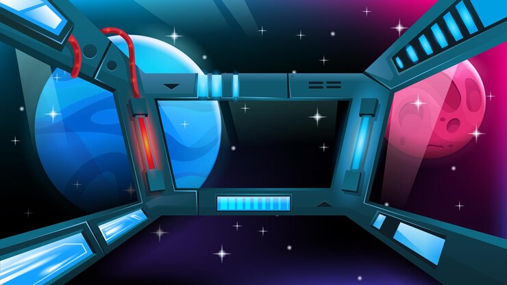 Vector spaceship interior space station window with view on alien planets and stars
