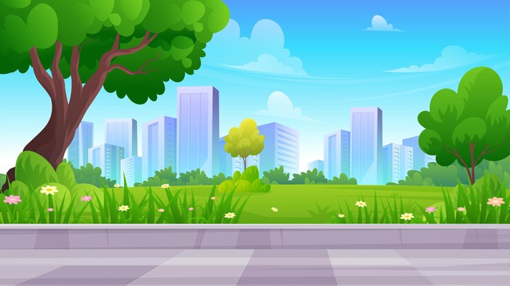 Spacious terrace urban garden, with green lawn, trees and skyscraper buildings under the blue sky