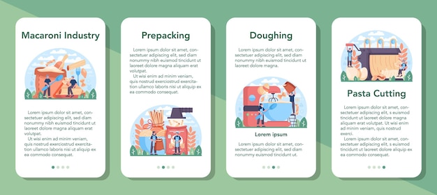 Spaghetti or pasta production industry mobile application banner set. Flat vector illustration in cartoon style