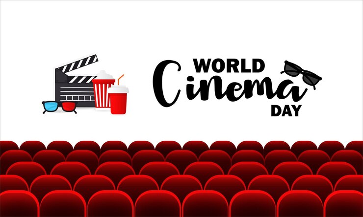 Spanduk hari sinema dunia. Auditorium bioskop dengan tempat duduk.
