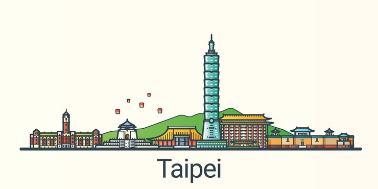 Vector spanduk kota taipei dalam gaya trendi garis datar. semua bangunan dipisahkan dan dapat disesuaikan. seni garis.