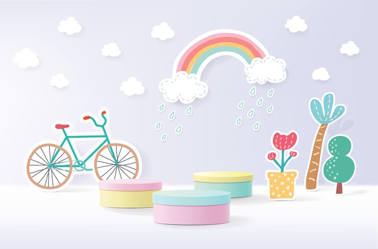 Spanduk lanskap potongan kertas dengan pelangi dan awan yang dibuat dalam seni kerajinan kertas realistis. Tampilan produk podium warna-warni anak-anak