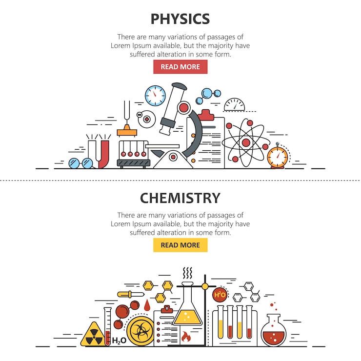 Vector spanduk sains. kimia dan fisika. ruang kerja laboratorium dan peralatan sains.