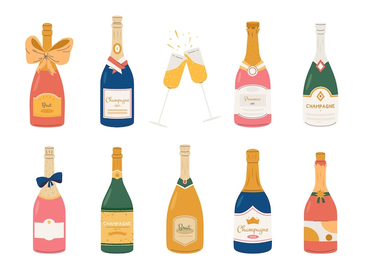 Vector sparkle wine bottles holiday champagne bottle and grasses new year party drinks brut prosecco alcoholic beverages snugly celebrate vector elements