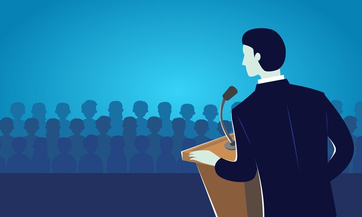 Vector speaker person making speech on stage politician doing public communication on podium to crowd