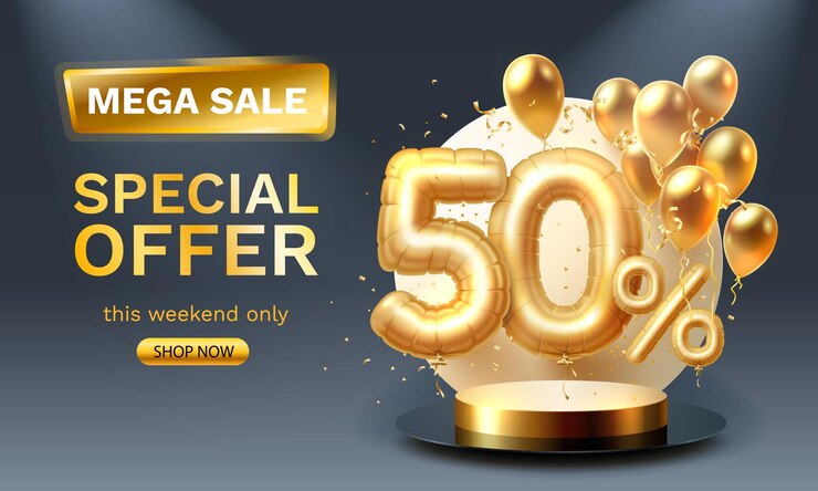 Vector special offer sale 50 ballon mega sale golden podium black background vector