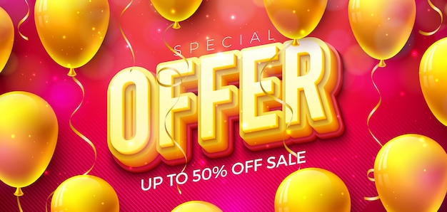 special offer shopping day sale banner design with d text lettering and party balloon on red