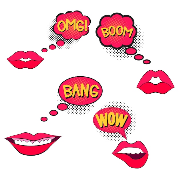 speech bubble halftone lips set bang boom omg wow