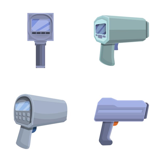 Speed radar icons set cartoon vector Modern digital speed radar equipment