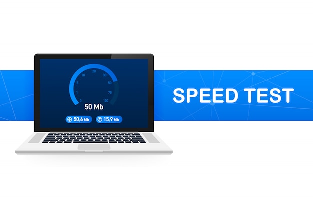 Speed test on laptop. Speedometer Internet Speed 100 mb. Website speed loading time.  illustration.