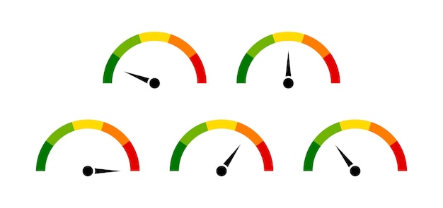 speedometer icons with arrow dashboard with green yellow and red indicators tachometer low medium high and risk levels