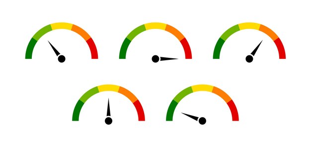 speedometer icons with arrow dashboard with green yellow and red indicators tachometer low medium