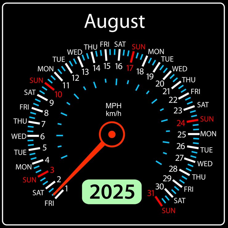 Vector speedometer in the form of a calendar for 2025 august