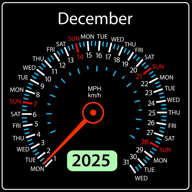 Vector speedometer in the form of a calendar for 2025 december