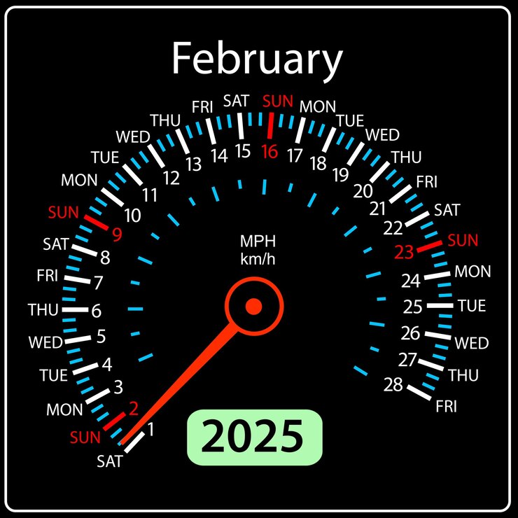 Vector speedometer in the form of a calendar for 2025 february