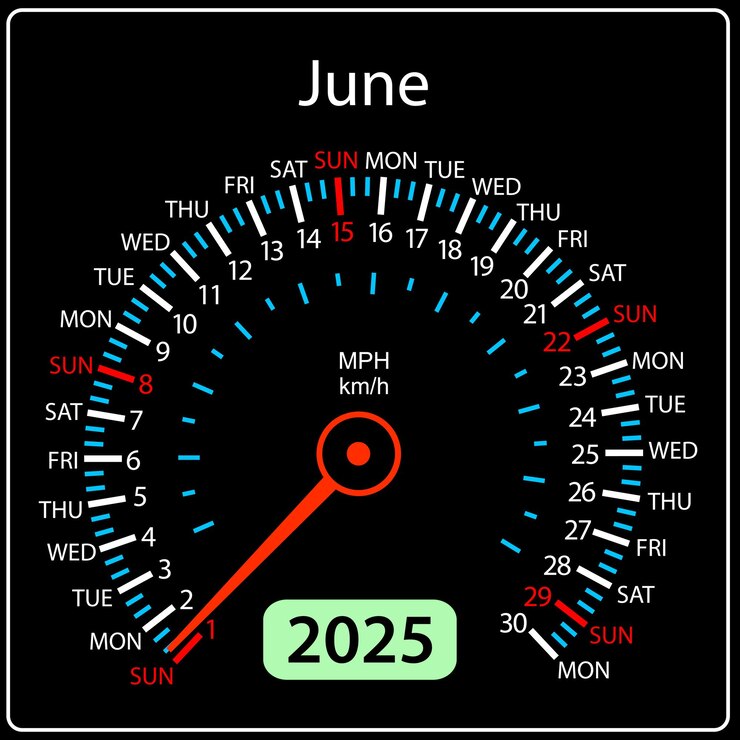 Vector speedometer in the form of a calendar for 2025 june