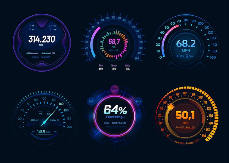 Vector speedometer with neon led light gauge meter