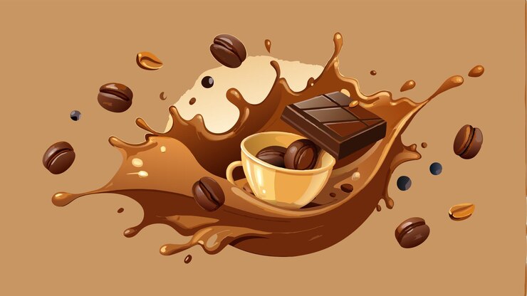 splashes and drops of melted dark chocolate hot coffee and milk flow mixed