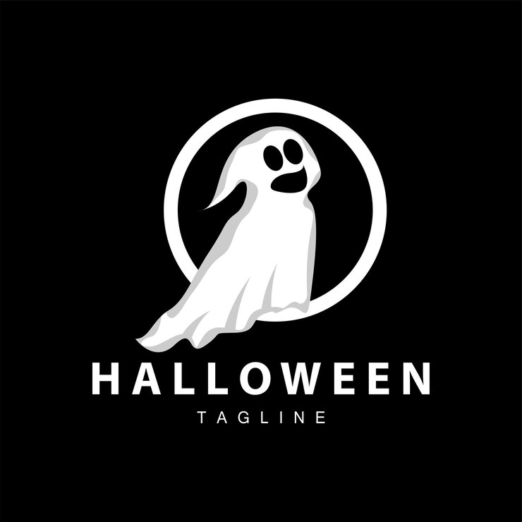 Vector spooky ghost logo simple halloween cartoon devil design illustration template black background