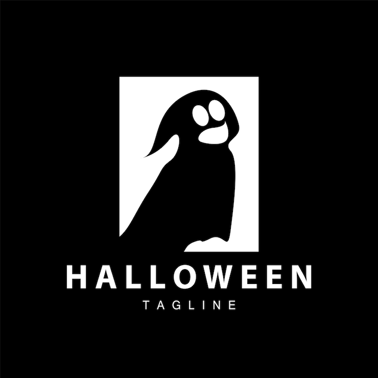 Vector spooky ghost logo simple halloween cartoon devil design illustration template black background