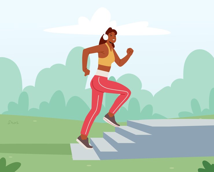 Vector sport activity jogging and healthy lifestyle exercise happy female character in headphones run on street yard