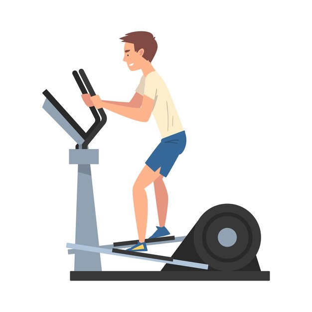 Sportive Man Training on Elliptical Machine Vector Illustration