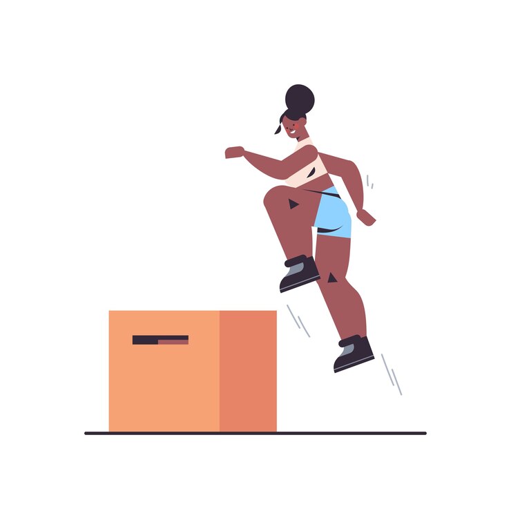 Vector sportswoman doing jumping squats on squat box working out in gym fitness training healthy lifestyle concept 