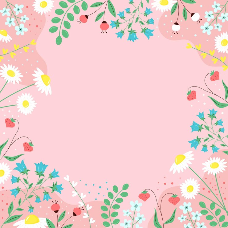 Spring background with flowers and leaves plants and berries Trendy abstract square floral template