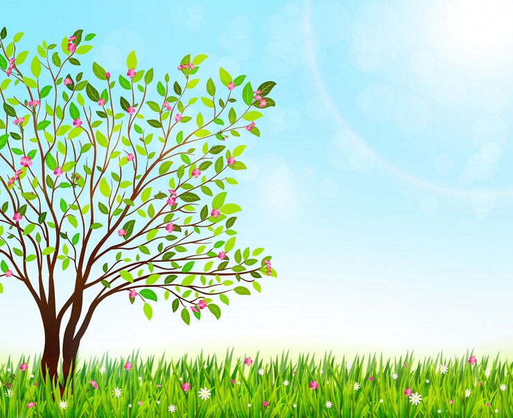 Vector spring nature background with green grass and blooming tree.  illustration